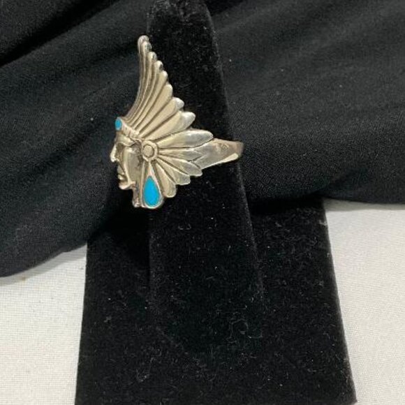 Sterlng Silver and Turquoise Indian Chief headress Ring Size 8 - Picture 3 of 4